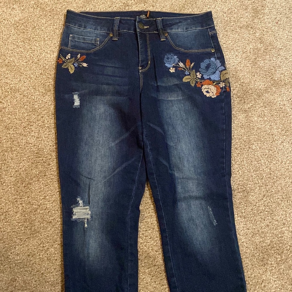 Royalty For Me Dark Blue Skinny Jeans with Floral Embroidery
